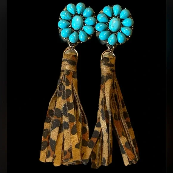 #20 | Leopard Print Fringe with Turquoise Flower Post Dangle Earrings - Picture 2 of 2
